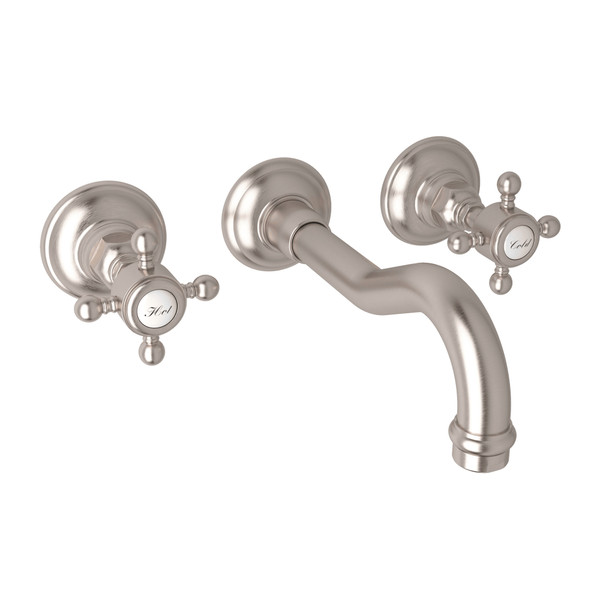 Acqui Wall Mount Widespread Bathroom Faucet - Satin Nickel with Cross Handle | Model Number: A1477XMSTNTO-2 - Product Knockout