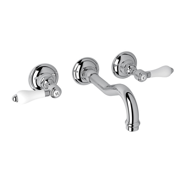 Acqui Wall Mount Widespread Bathroom Faucet - Polished Chrome with White Porcelain Lever Handle | Model Number: A1477LPAPCTO-2 - Product Knockout