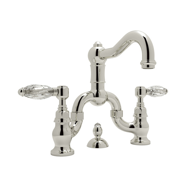 Acqui Deck Mount Bridge Bathroom Faucet - Polished Nickel with Crystal Metal Lever Handle | Model Number: A1419LCPN-2 - Product Knockout
