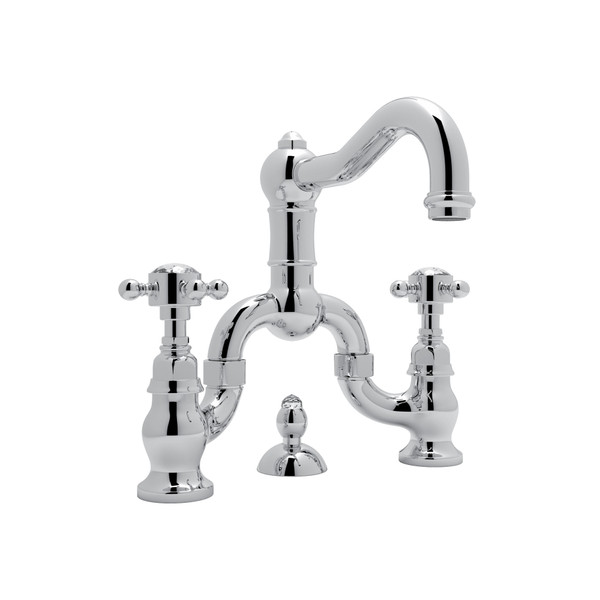 Acqui Deck Mount Bridge Bathroom Faucet - Polished Chrome with Crystal Cross Handle | Model Number: A1419XCAPC-2 - Product Knockout