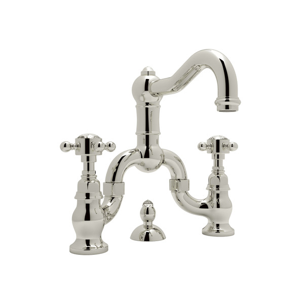 Acqui Deck Mount Bridge Bathroom Faucet - Polished Nickel with Crystal Cross Handle | Model Number: A1419XCPN-2 - Product Knockout