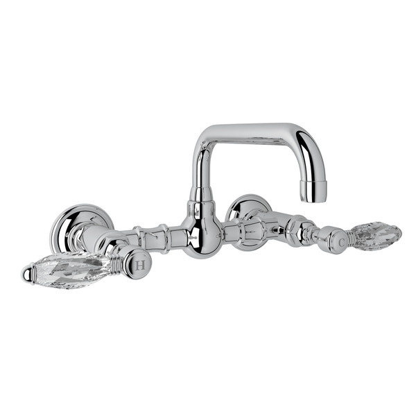 Acqui Wall Mount Bridge Bathroom Faucet - Polished Chrome with Crystal Metal Lever Handle | Model Number: A1423LCAPC-2 - Product Knockout
