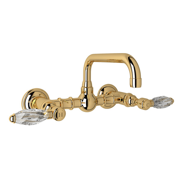 Acqui Wall Mount Bridge Bathroom Faucet - Italian Brass with Crystal Metal Lever Handle | Model Number: A1423LCIB-2 - Product Knockout