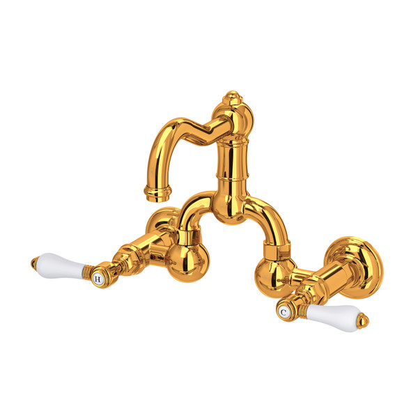 Acqui Wall Mount Bridge Bathroom Faucet - Italian Brass with White Porcelain Lever Handle | Model Number: A1418LPIB-2 - Product Knockout
