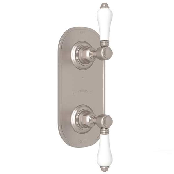 1/2 Inch Thermostatic and Diverter Control Trim - Satin Nickel with White Porcelain Lever Handle | Model Number: A4964LPSTN - Product Knockout