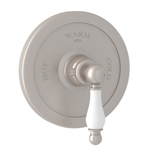 Arcana Thermostatic Trim Plate without Volume Control - Satin Nickel with Ornate White Porcelain Lever Handle | Model Number: AC720OP-STN/TO - Product Knockout