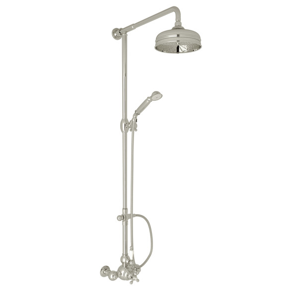 Arcana Exposed Wall Mount Thermostatic Shower with Volume Control - Polished Nickel with Ornate White Porcelain Lever Handle | Model Number: AC407OP-PN - Product Knockout