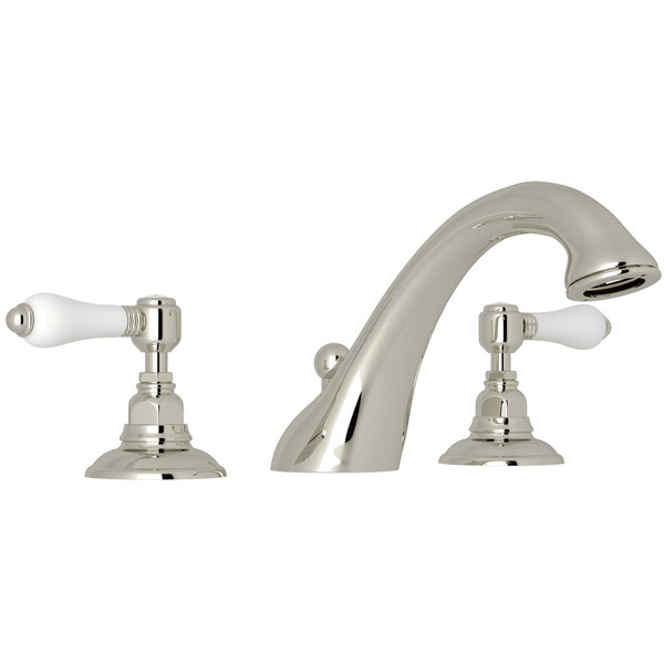 Viaggio 3-Hole Deck Mount C-Spout Tub Filler - Polished Nickel with White Porcelain Lever Handle | Model Number: A1454LPPN - Product Knockout