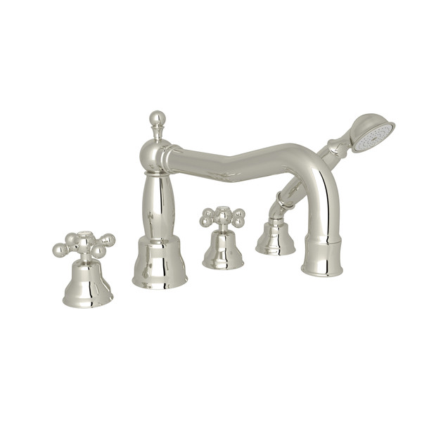 Arcana Column Spout 4-Hole Deck Mount Tub Filler with Handshower - Polished Nickel with Cross Handle | Model Number: AC262X-PN - Product Knockout
