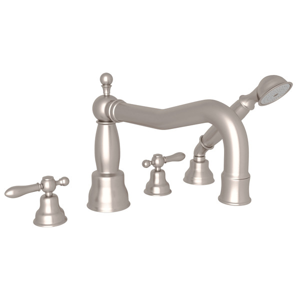 Arcana Column Spout 4-Hole Deck Mount Tub Filler with Handshower - Satin Nickel with Metal Lever Handle | Model Number: AC262LM-STN - Product Knockout