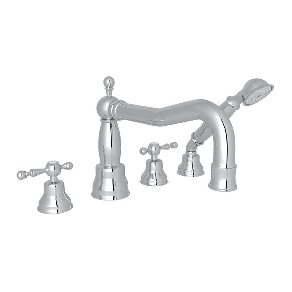 Arcana Column Spout 4-Hole Deck Mount Tub Filler with Handshower - Polished Chrome with Ornate Metal Lever Handle | Model Number: AC262L-APC - Product Knockout