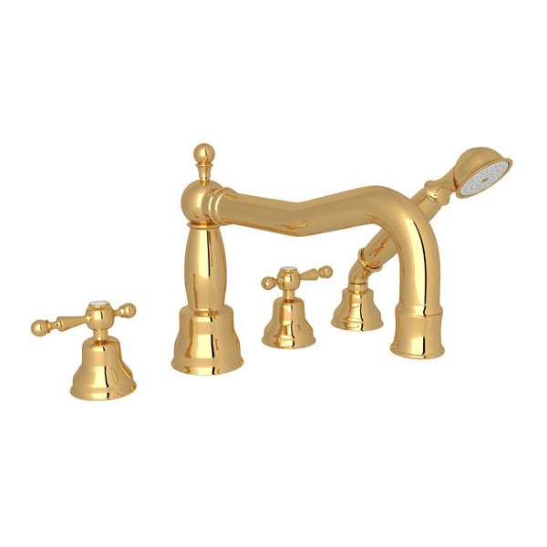 Arcana Column Spout 4-Hole Deck Mount Tub Filler with Handshower - Italian Brass with Ornate Metal Lever Handle | Model Number: AC262L-IB - Product Knockout