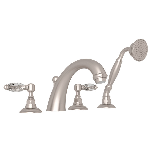 San Julio 4-Hole Deck Mount C-Spout Tub Filler with Handshower - Satin Nickel with Crystal Metal Lever Handle | Model Number: A2104LCSTN - Product Knockout