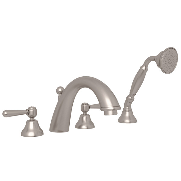 Verona 4-Hole Deck Mount C-Spout Tub Filler with Handshower - Satin Nickel with Metal Lever Handle | Model Number: A2764LMSTN - Product Knockout