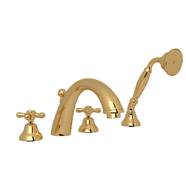 Verona 4-Hole Deck Mount C-Spout Tub Filler with Handshower - Italian Brass with Cross Handle | Model Number: A2764XMIB - Product Knockout