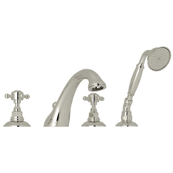 Viaggio 4-Hole Deck Mount C-Spout Tub Filler with Handshower - Polished Nickel with Crystal Cross Handle | Model Number: A1464XCPN - Product Knockout