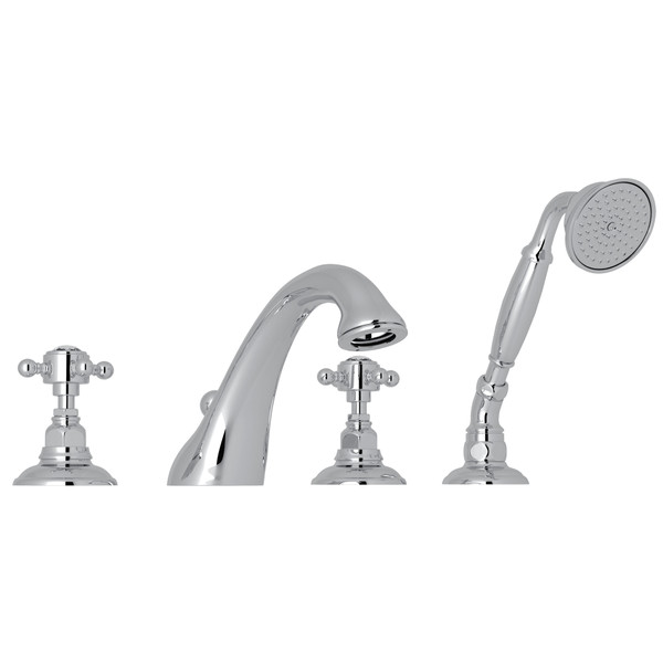 Viaggio 4-Hole Deck Mount C-Spout Tub Filler with Handshower - Polished Chrome with Crystal Cross Handle | Model Number: A1464XCAPC - Product Knockout