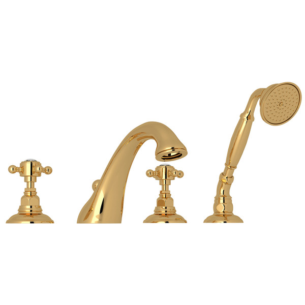 Viaggio 4-Hole Deck Mount C-Spout Tub Filler with Handshower - Italian Brass with Crystal Cross Handle | Model Number: A1464XCIB - Product Knockout