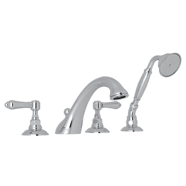 Viaggio 4-Hole Deck Mount C-Spout Tub Filler with Handshower - Polished Chrome with Metal Lever Handle | Model Number: A1464LMAPC - Product Knockout