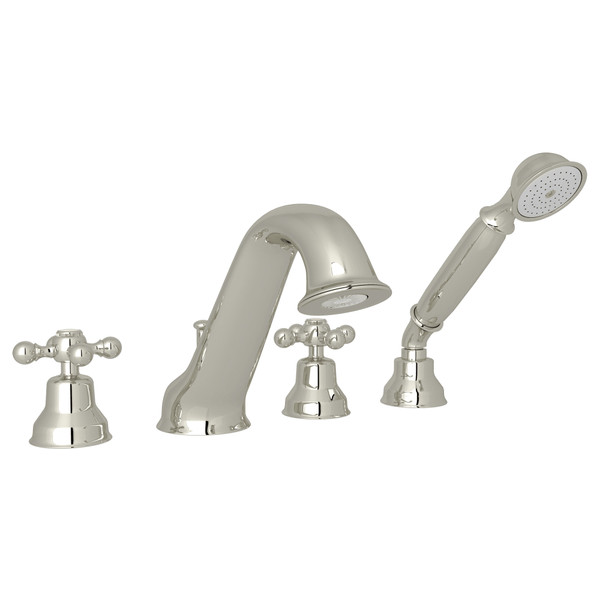 Arcana 4-Hole Deck Mount Tub Filler and Handshower - Polished Nickel with Cross Handle | Model Number: AC26X-PN - Product Knockout