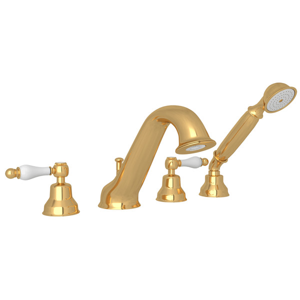 Arcana 4-Hole Deck Mount Tub Filler and Handshower - Italian Brass with Ornate White Porcelain Lever Handle | Model Number: AC26OP-IB - Product Knockout