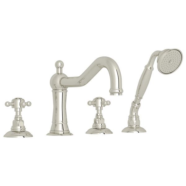 Acqui 4-Hole Deck Mount Column Spout Tub Filler with Handshower - Polished Nickel with Crystal Cross Handle | Model Number: A1404XCPN - Product Knockout