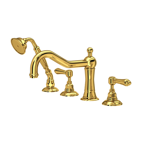 Acqui 4-Hole Deck Mount Column Spout Tub Filler with Handshower - Unlacquered Brass with Metal Lever Handle | Model Number: A1404LMULB - Product Knockout
