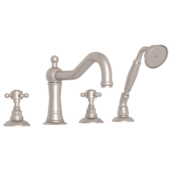 Acqui 4-Hole Deck Mount Column Spout Tub Filler with Handshower - Satin Nickel with Crystal Cross Handle | Model Number: A1404XCSTN - Product Knockout