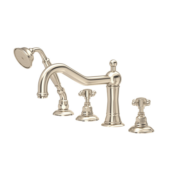 Acqui 4-Hole Deck Mount Column Spout Tub Filler with Handshower - Satin Nickel with Cross Handle | Model Number: A1404XMSTN - Product Knockout