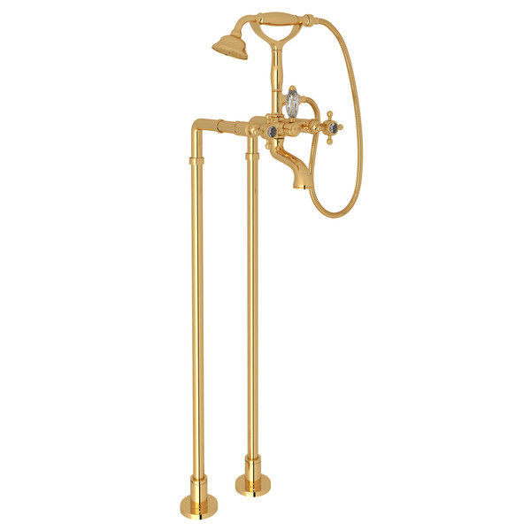 Exposed Floor Mount Tub Filler with Handshower and Floor Pillar Legs or Supply Unions - Italian Brass with Crystal Cross Handle | Model Number: AKIT1401NXCIB - Product Knockout