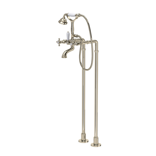 Exposed Floor Mount Tub Filler with Handshower and Floor Pillar Legs or Supply Unions - Polished Nickel with Cross Handle | Model Number: AKIT1401NXMPN - Product Knockout