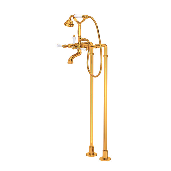 Exposed Floor Mount Tub Filler with Handshower and Floor Pillar Legs or Supply Unions - Italian Brass with White Porcelain Lever Handle | Model Number: AKIT1401NLPIB - Product Knockout
