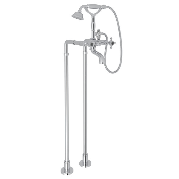 Exposed Floor Mount Tub Filler with Handshower and Floor Pillar Legs or Supply Unions - Polished Chrome with Crystal Cross Handle | Model Number: AKIT1401NXCAPC - Product Knockout