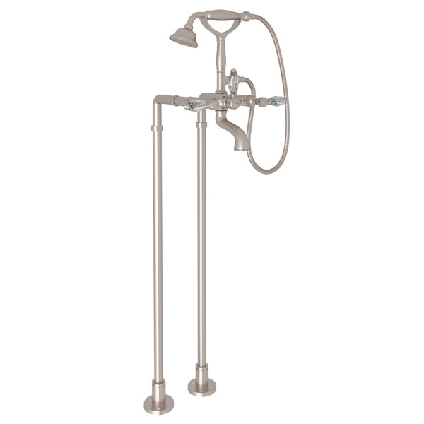 Exposed Floor Mount Tub Filler with Handshower and Floor Pillar Legs or Supply Unions - Satin Nickel with Crystal Metal Lever Handle | Model Number: AKIT1401NLCSTN - Product Knockout