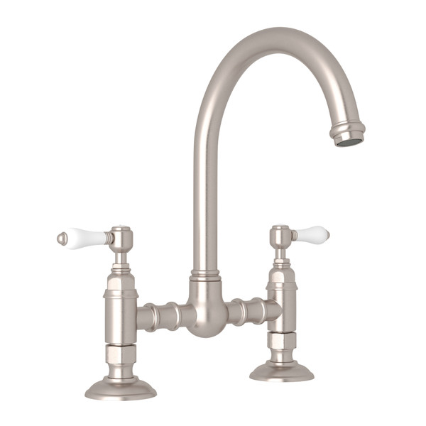 San Julio Deck Mount C-Spout Bridge Kitchen Faucet - Satin Nickel with White Porcelain Lever Handle | Model Number: A1461LPSTN-2 - Product Knockout