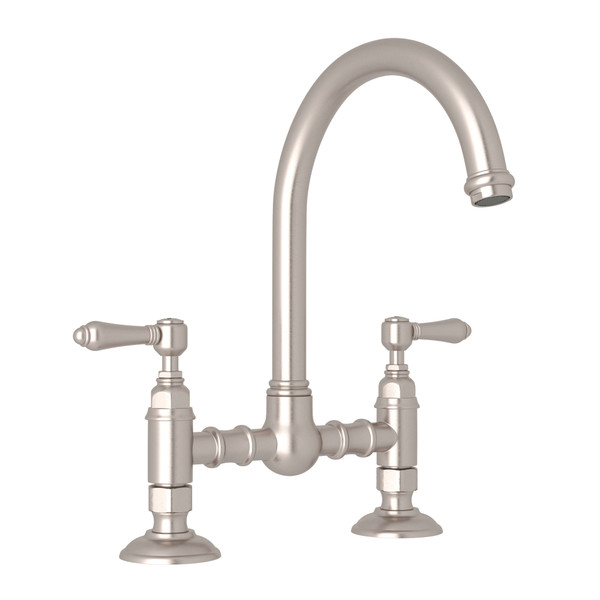 San Julio Deck Mount C-Spout Bridge Kitchen Faucet - Satin Nickel with Metal Lever Handle | Model Number: A1461LMSTN-2 - Product Knockout