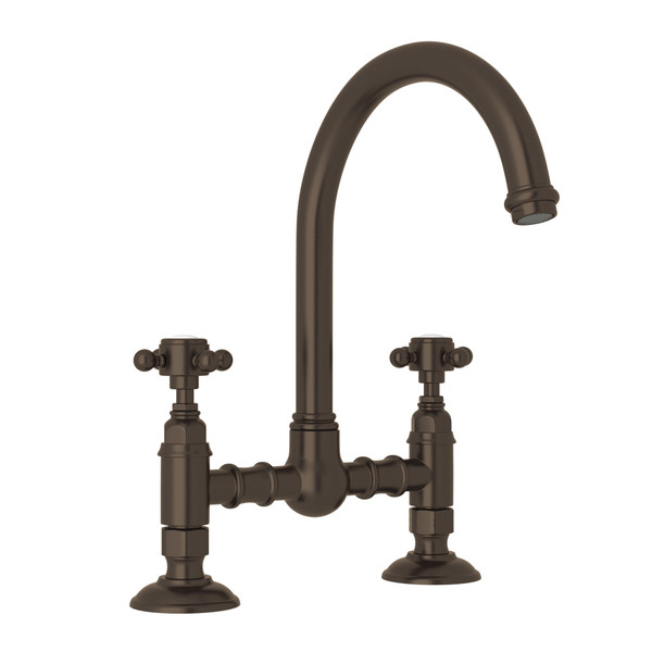 San Julio Deck Mount C-Spout Bridge Kitchen Faucet - Tuscan Brass with Cross Handle | Model Number: A1461XMTCB-2 - Product Knockout