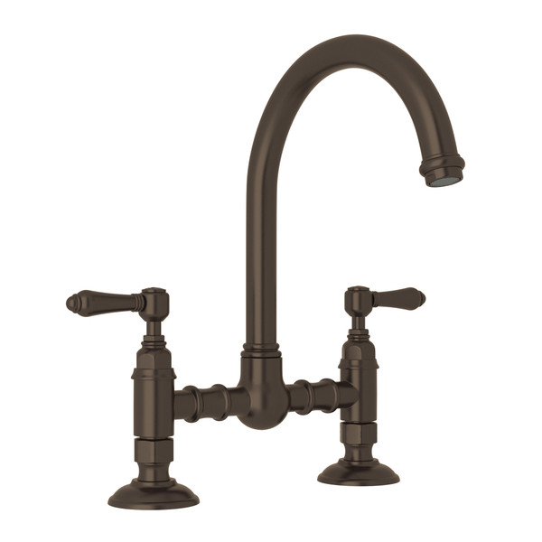 San Julio Deck Mount C-Spout Bridge Kitchen Faucet - Tuscan Brass with Metal Lever Handle | Model Number: A1461LMTCB-2 - Product Knockout