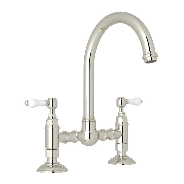 San Julio Deck Mount C-Spout Bridge Kitchen Faucet - Polished Nickel with White Porcelain Lever Handle | Model Number: A1461LPPN-2 - Product Knockout