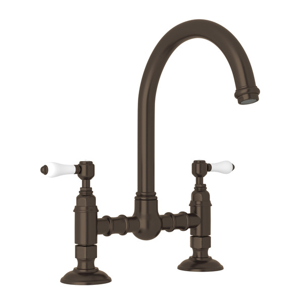 San Julio Deck Mount C-Spout Bridge Kitchen Faucet - Tuscan Brass with White Porcelain Lever Handle | Model Number: A1461LPTCB-2 - Product Knockout