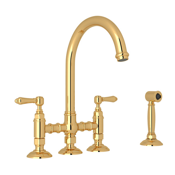 San Julio Deck Mount C-Spout 3 Leg Bridge Kitchen Faucet with Sidespray - Italian Brass with Metal Lever Handle | Model Number: A1461LMWSIB-2 - Product Knockout