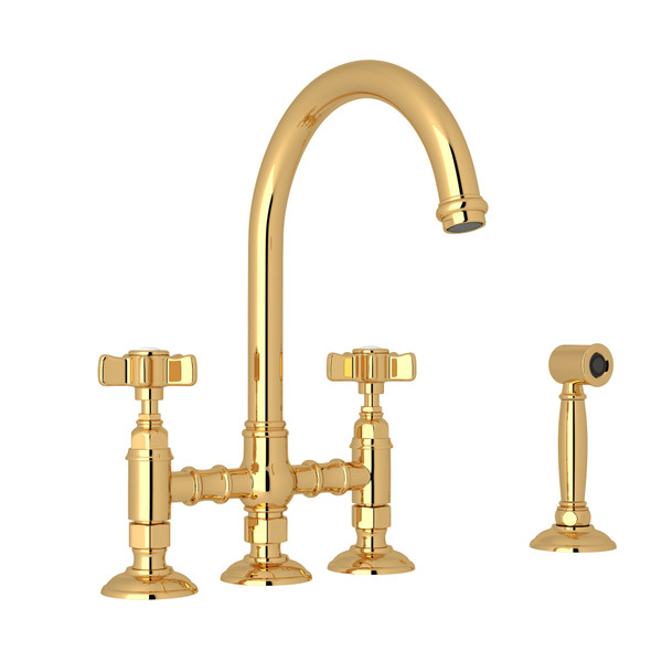 San Julio Deck Mount C-Spout 3 Leg Bridge Kitchen Faucet with Sidespray - Italian Brass with Five Spoke Cross Handle | Model Number: A1461XWSIB-2 - Product Knockout