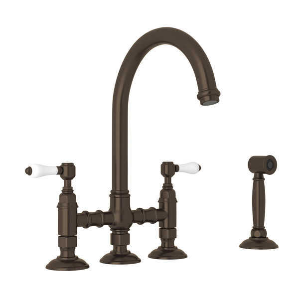 San Julio Deck Mount C-Spout 3 Leg Bridge Kitchen Faucet with Sidespray - Tuscan Brass with White Porcelain Lever Handle | Model Number: A1461LPWSTCB-2 - Product Knockout