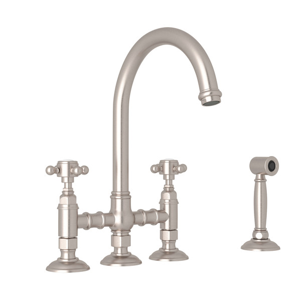 San Julio Deck Mount C-Spout 3 Leg Bridge Kitchen Faucet with Sidespray - Satin Nickel with Cross Handle | Model Number: A1461XMWSSTN-2 - Product Knockout