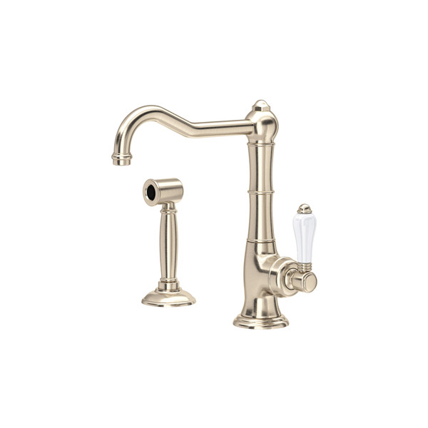 Cinquanta Single Hole Column Spout Bar and Food Prep Faucet with Sidespray - Satin Nickel with White Porcelain Lever Handle | Model Number: A3650/6.5LPWSSTN-2 - Product Knockout