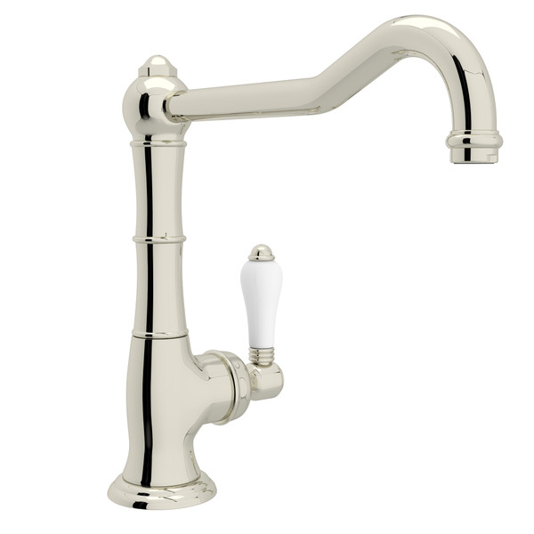 Cinquanta Single Hole Column Spout Kitchen Faucet with Extended Spout - Polished Nickel with White Porcelain Lever Handle | Model Number: A3650/11LPPN-2 - Product Knockout
