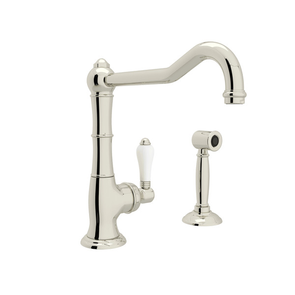 Cinquanta Single Hole Column Spout Kitchen Faucet with Sidespray and Extended Spout - Polished Nickel with White Porcelain Lever Handle | Model Number: A3650/11LPWSPN-2 - Product Knockout