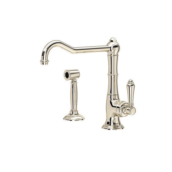 Cinquanta Single Hole Column Spout Kitchen Faucet with Sidespray and Extended Spout - Polished Nickel with Metal Lever Handle | Model Number: A3650/11LMWSPN-2 - Product Knockout