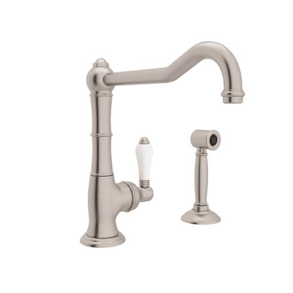 Cinquanta Single Hole Column Spout Kitchen Faucet with Sidespray and Extended Spout - Satin Nickel with White Porcelain Lever Handle | Model Number: A3650/11LPWSSTN-2 - Product Knockout