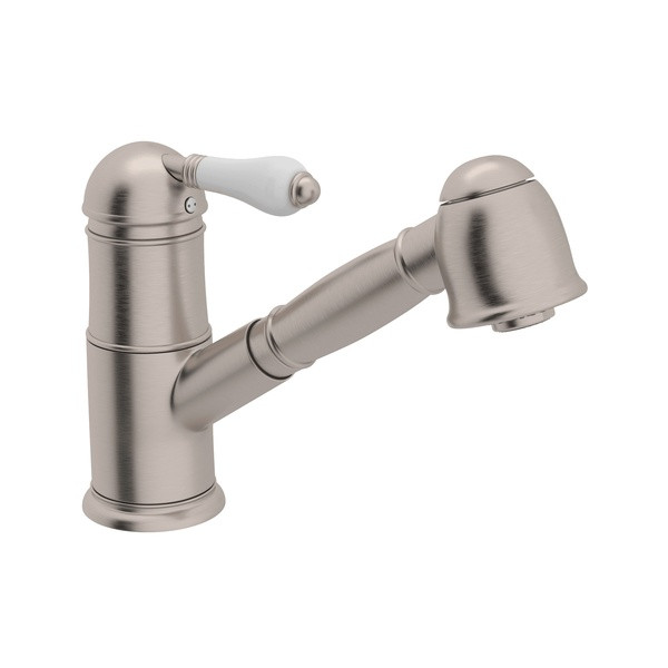 Patrizia Pullout Kitchen Faucet - Satin Nickel with White Porcelain Lever Handle | Model Number: A3410LPSTN-2 - Product Knockout